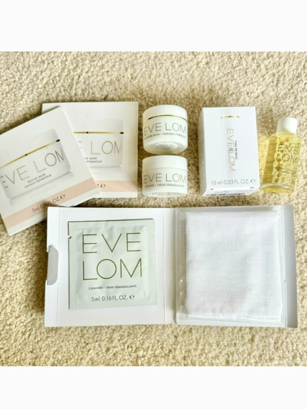 EVE LOM Muslin Cleanser Cloth Time Retreat Radiance Essence Rescue Moisture Mask